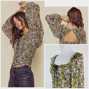 Free People Mabel Lace-Up Top XS Blouse Smocked Floral Bohemian Long Puff Sleeve